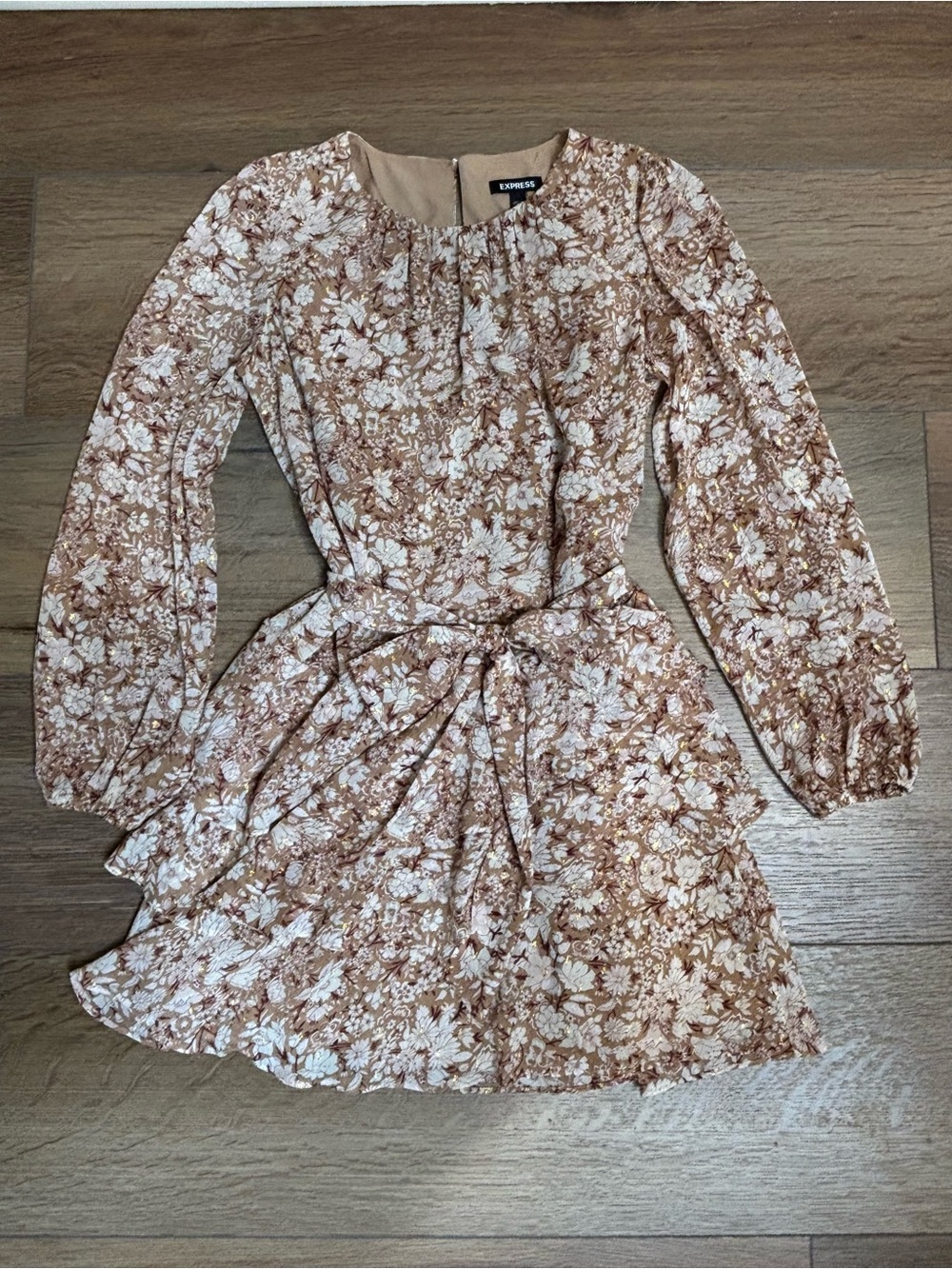 Express Floral Tiered Dress — Tan, Cream & Brown Accents